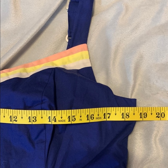 ModCloth Blue Dress vneck peach yellow white stripe bust trim fit flare 14 plus - Picture 3 of 8
